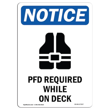 Signmission OSHA Sign, PFD Required While On Deck With Symbol, 18in X 12in Rigid Plastic, 12" W, 18" H, Portrait OS-NS-P-1218-V-17257